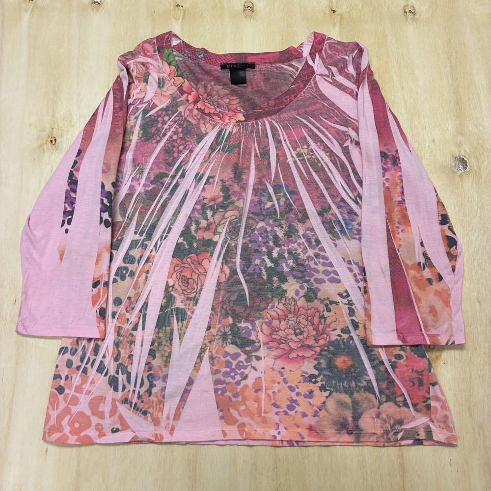 Y2K Floral Jersey Scoop Neck 3/4 Sleeve Top Project Shirt Womens L Multicolor